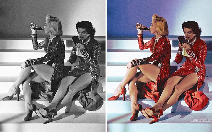 26. Мэрилин Монро и Джейн Рассел на съемках фильма "Джентльмены предпочитают блондинок", 1953 год
