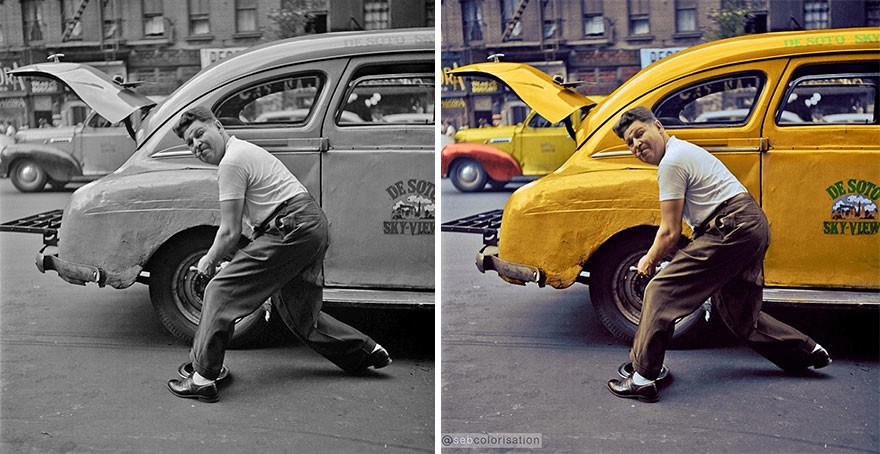 35. Мужчина меняет колесо, Нью-Йорк, фото Стэнли Кубрика, 1946 год