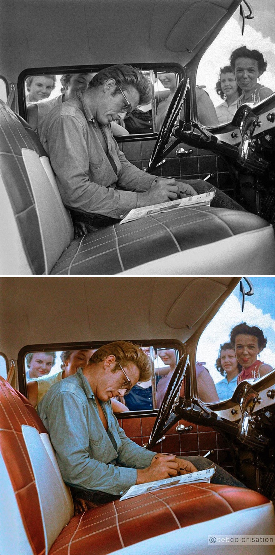 8. Джеймс Дин раздает автографы в своей машине в Марфе, штат Техас. Фото Ричарда Миллера, июль 1955 года