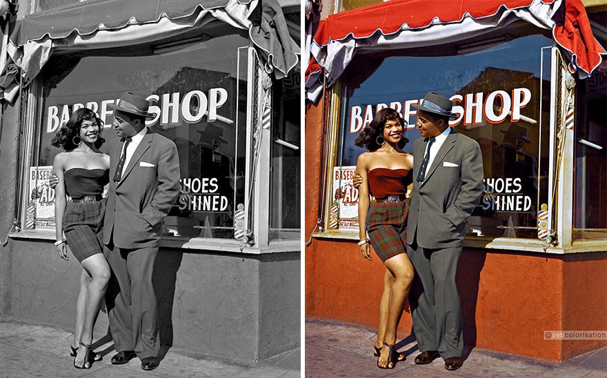 6. Фотограф Гарри Адамс с девушкой перед своей парикмахерской, Лос-Анджелес, 1956 год