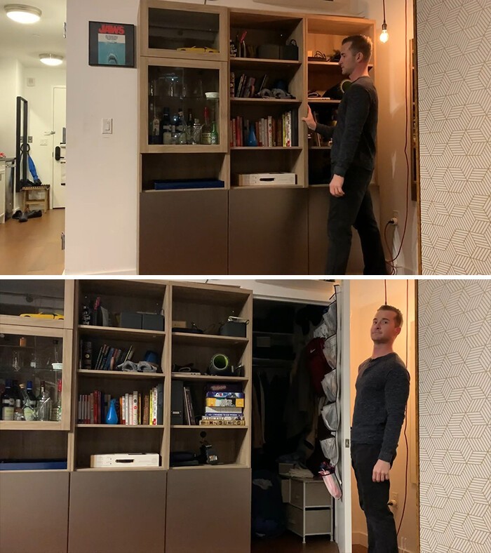 "Этот отъезжающий шкаф-дверь я сделал из трех стеллажей IKEA