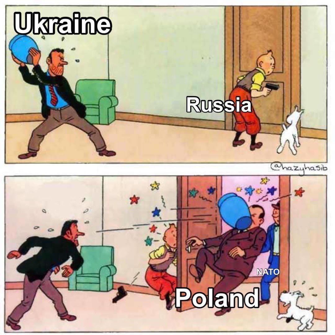 Весь мир Пшеводув, а мы в нём - сбитый трактор. Реакция на приземлившуюся в Польше ракету Украины в карикатурах и мемах