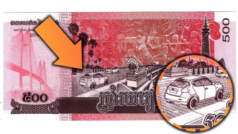 В Камбодже Nissan Juke и Toyota Camry увековечили на банкноте номиналом 500 риелей