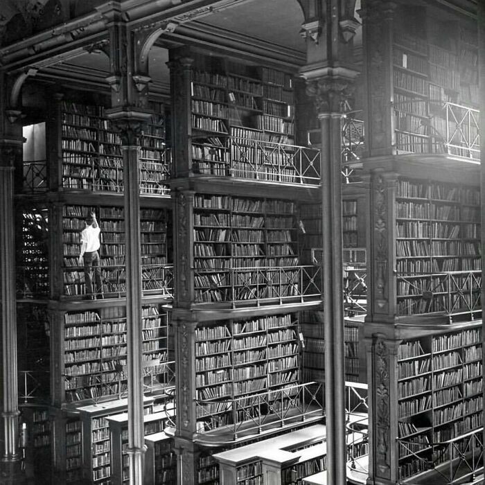 13. Мужчина просматривает книги в публичной библиотеке Цинциннати. Ее снесли в 1955 году