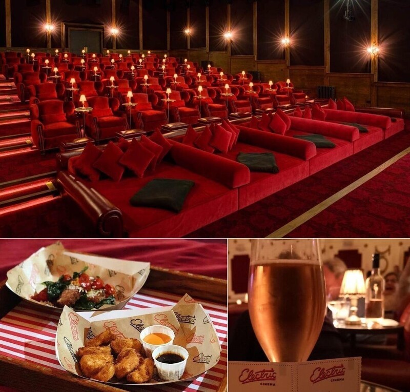 Лондонский кинотеатр Electric Cinema с кожаными креслами и двуспальными кроватями с бархатной обивкой, скамеечками для ног, кашемировыми одеялами и услугами официанта, доставляющего еду и коктейли на ваше место