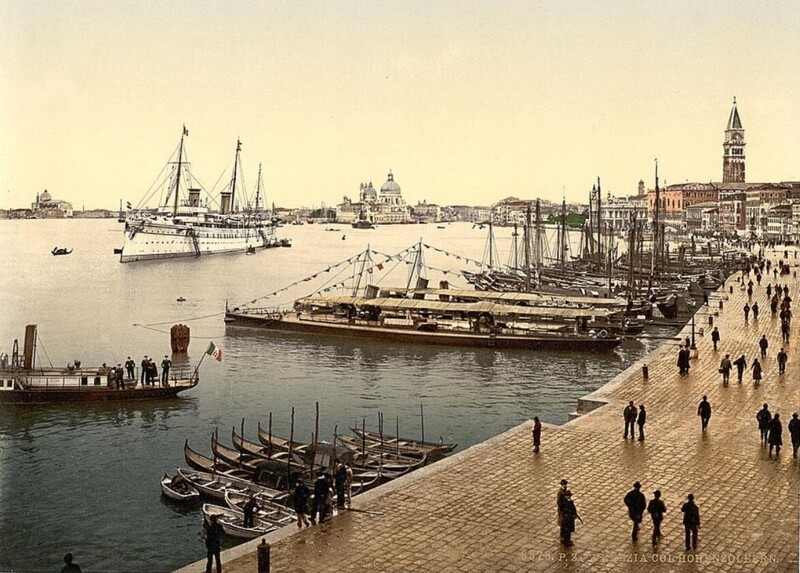 Кайзеровская яхта «Гогенцоллерн» в гавани Венеции, Италия, фотохромная открытка. 1896 год