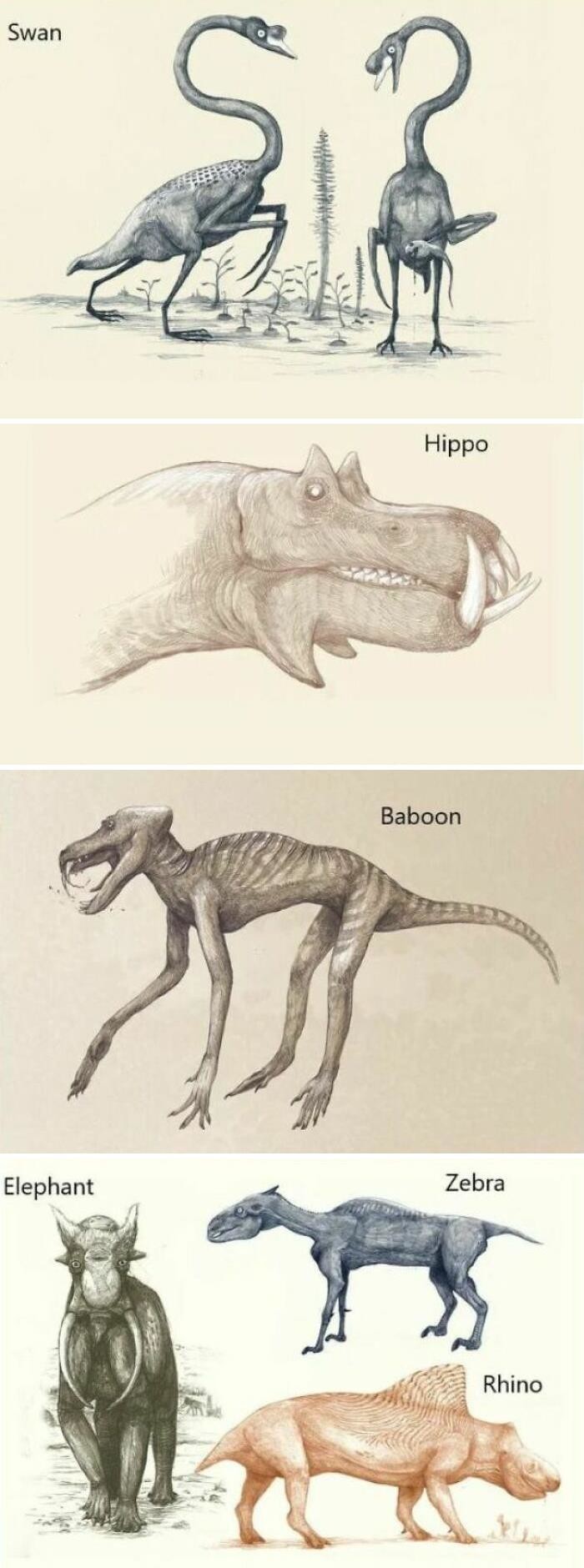 4. Современные животные, если бы их рисовали так же, как мы рисуем динозавров, основываясь только на костях