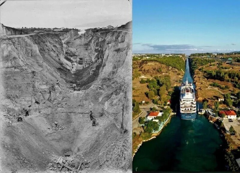 Коринфский канал в Греции 1884 год и настоящее время. До этого людям платили за то, чтобы они тащили лодки по суше 8 километров от берега до берега