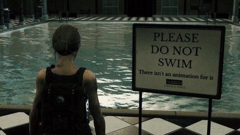 Надпись: "Пожалуйста, не плавайте. В игре не предусмотрена анимация для этого"
