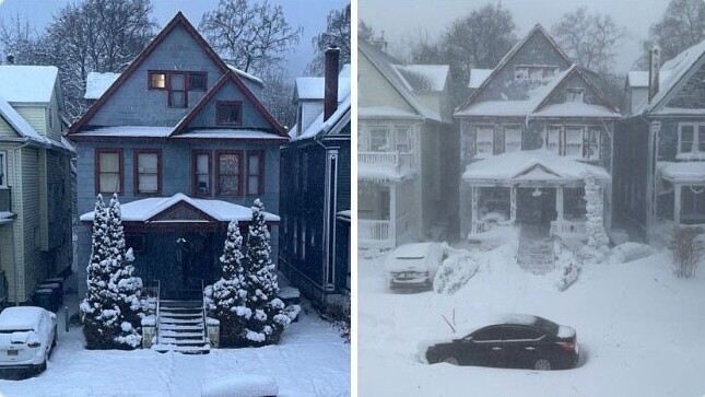22. "Вид на дом моих соседей до и после снегопада. Кажется, деревья его не пережили"