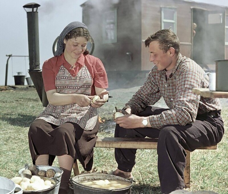 Целинники готовят обед на полевом стане, 1955 год