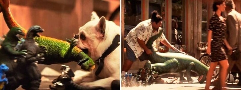 В начале фильма "Армагеддон" мопс вцепляется зубами в маленького пластмассового Годзиллу, а продавец пытается отобрать игрушку у пса. В следующем кадре пёс тащит уже огромного надувного Годзиллу