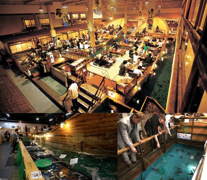 Рыбацкий ресторан Zauo, в Японии, где зоны отдыха представляют собой лодки, и вы можете сами поймать рыбу и выбрать способ ее приготовления