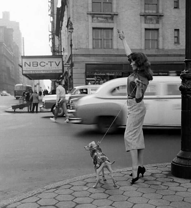 Девушка ловит такси, Нью-Йорк. 1956 год, фотография Филиппа Халсмана
