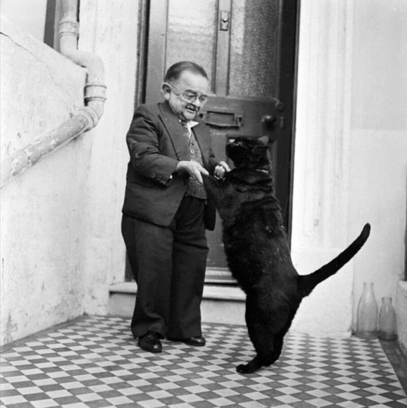 Генри Беренс (Henry Behrens), танцующий со своим черным котом. Генри на то время был самым маленьким человеком года. 1956 год