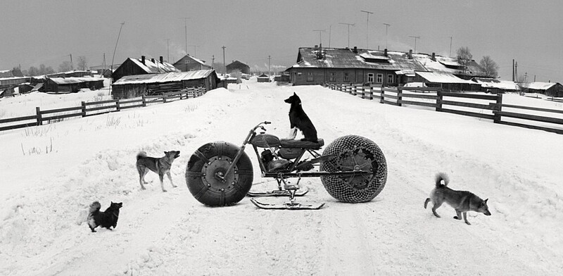 Собаки и снегоход. Соловки, Белое море, Россия, 1992. Фотограф Пентти Саммаллахти