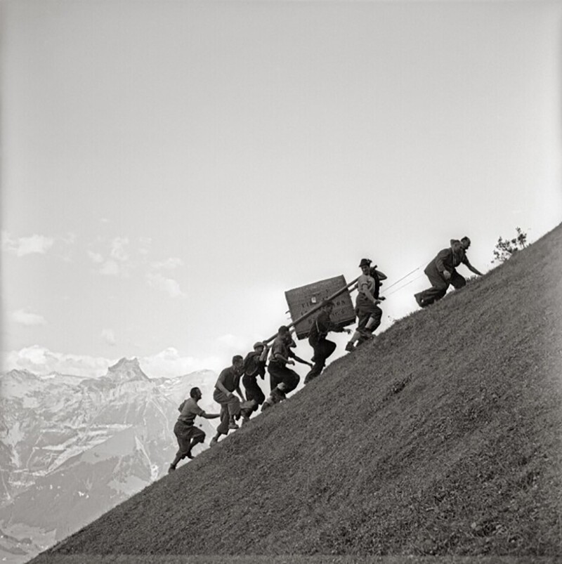Защитники животных несут альпийского горного козла, которого выпустят на волю. Нидвальден, Швейцария, 1954 год