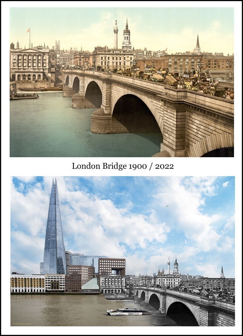 1900 2022. Старое и новое. Лондон 2022. Новый мост. Как сочетание старинные картинки с новыми фото.