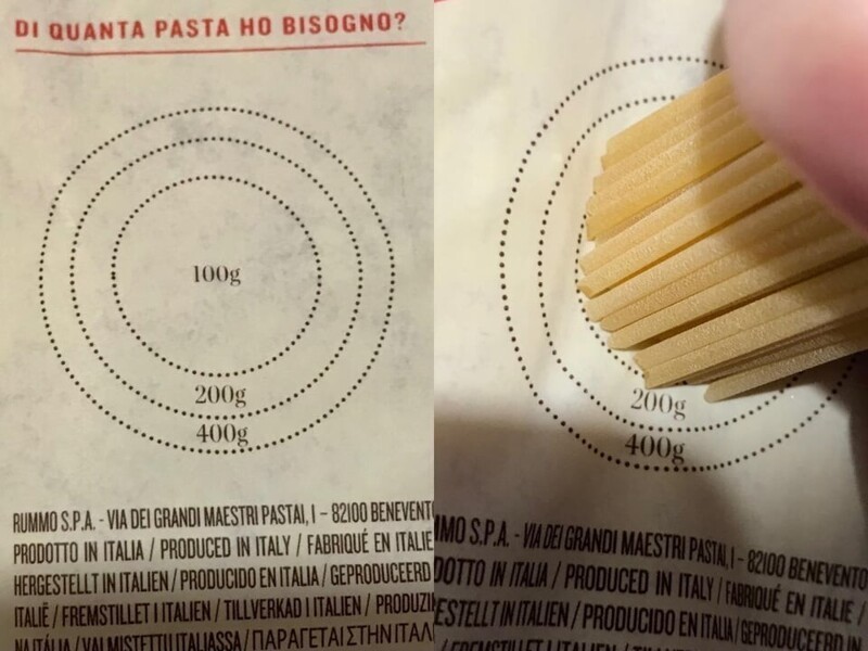 На упаковке макарон есть рисунок, позволяющий измерить количество макарон без шкалы