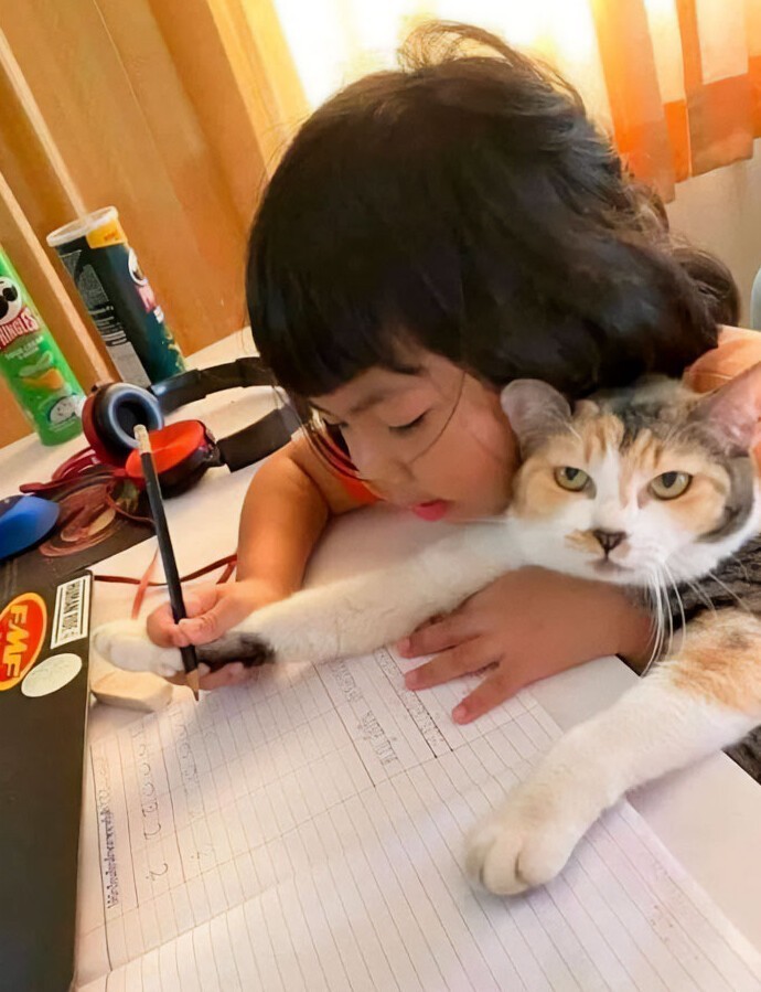 Девочка просто учит кота писать