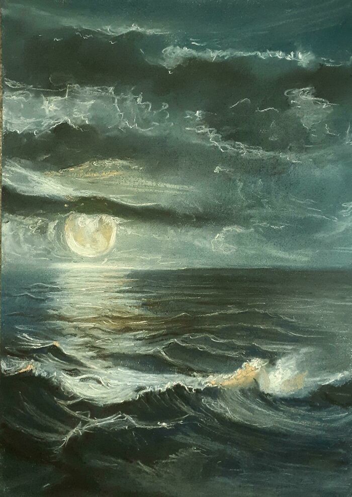 "Моя картина "Лунный свет", уголь и пастель"