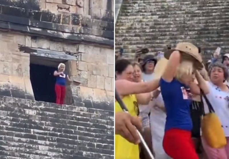 3. Туристка станцевала на ступенях священной пирамиды майя, куда запрещено заходить. За это разозлившиеся очевидцы даже ударили её палкой и дёргали за волосы