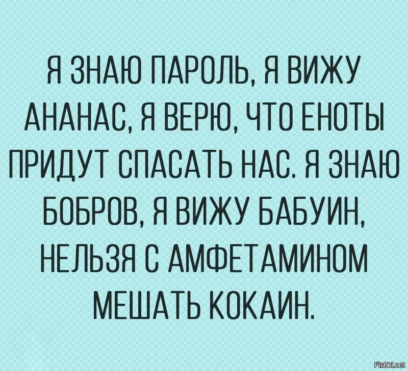 Я знаю бобров я вижу ананас. Я вижу пароль я вижу ананас я верю что еноты придут спасать нас. Я знаю пароль я вижу ананас. Я знаю пароль я вижу бабуин нельзя с амфетамином мешать кокаин. Я знаю пароль, я вижу ананас прикол.