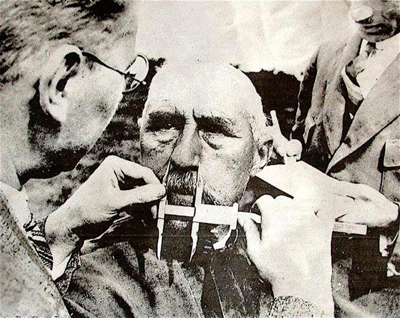 2. Мужчине измеряют нос, чтобы определить, был ли он евреем. Гитлер считал, что у евреев нос больше, чем у представителей арийской расы