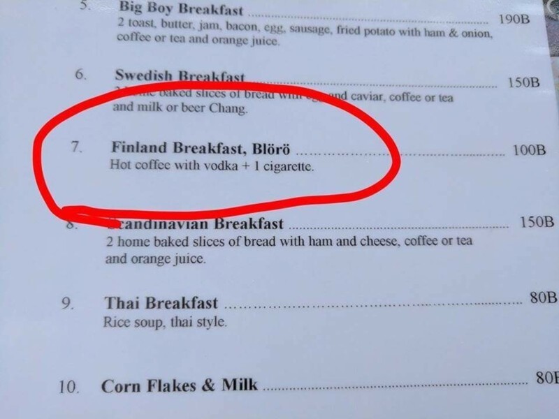 1. Финский завтрак: "кофе с водкой + 1 сигарета"