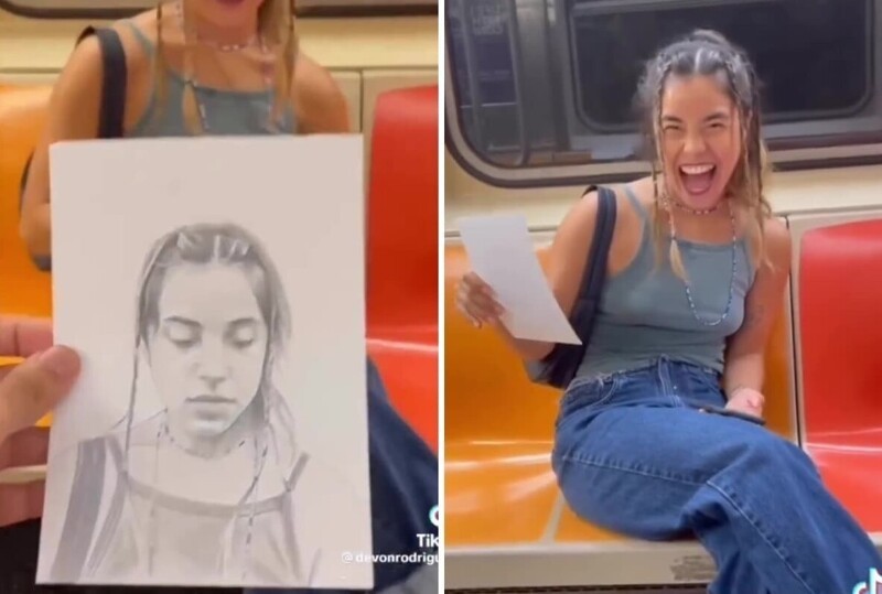 «Портрет за несколько минут»: художник  рисует незнакомцев в метро и снимает их реакцию