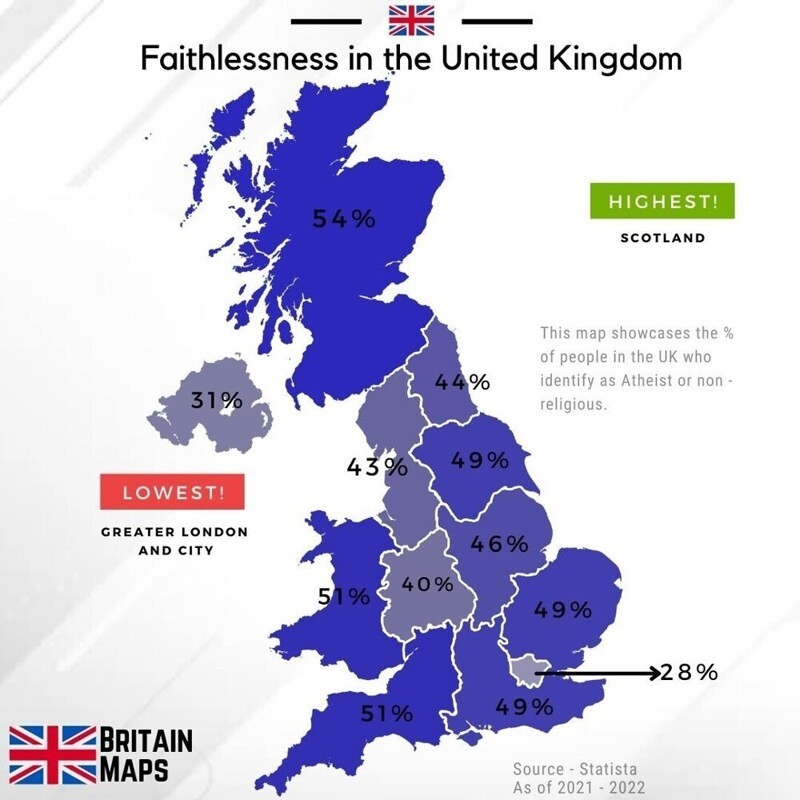 Атеисты в процентном отношении в Соединённом Королевстве