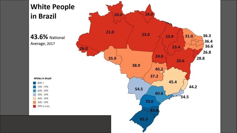 Процентное отношение европеоидного населения по регионам Бразилии