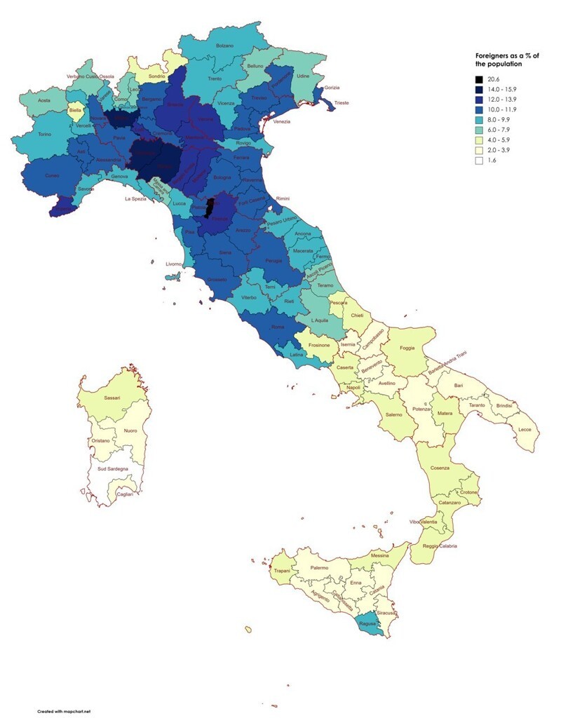 Иностранцы в процентном отношении к населению регионов Италии
