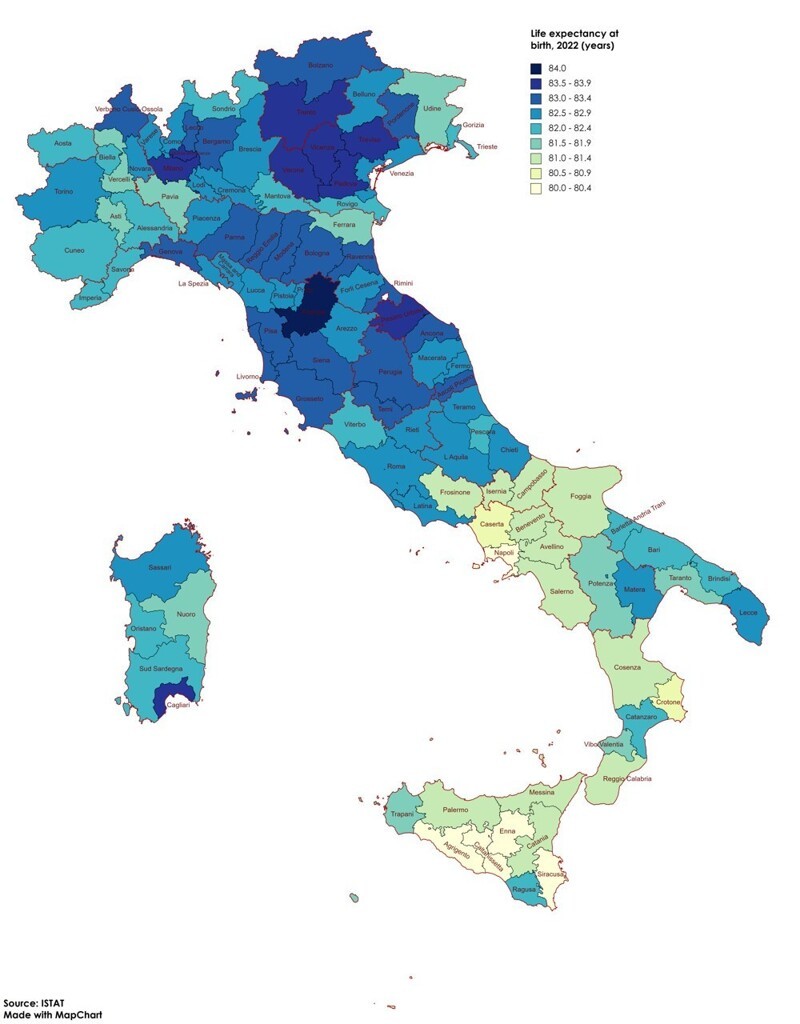 Продолжительность жизни в Италии по регионам за 2022 г.