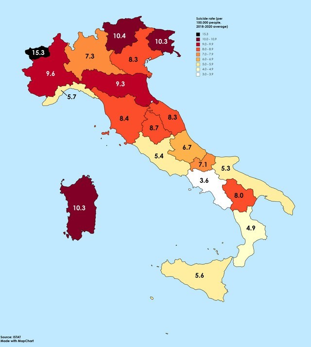 Число самоубийств на 100 000 человек по регионам Италии