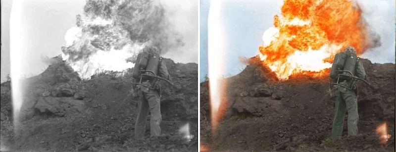 8. Морской пехотинец стреляет из огнемета во время битвы за Иводзиму, 1945 год