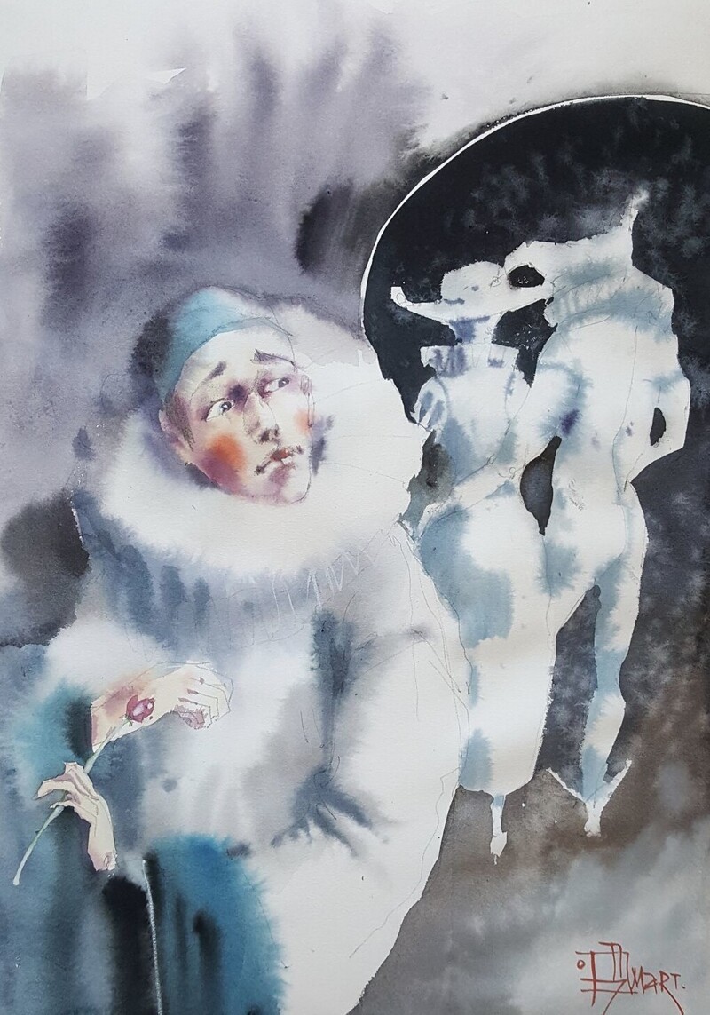 Живые цветовые пятна и кружащиеся снежинки волшебницы акварельной живописи