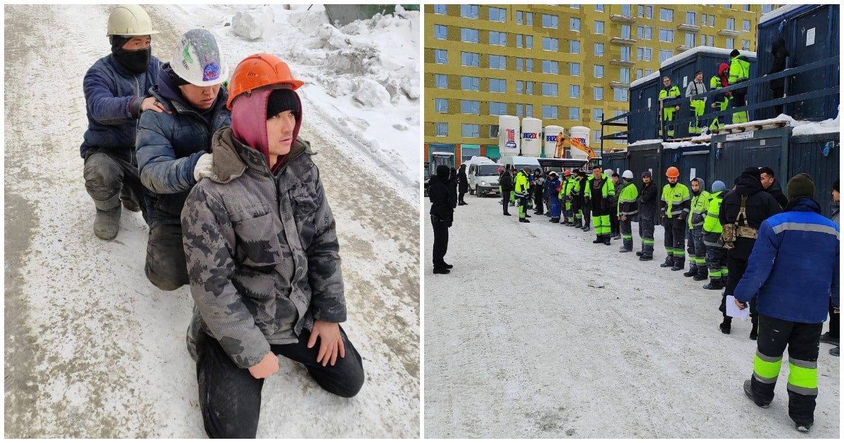 Домодедово силовики ведут мигрантов на депортацию