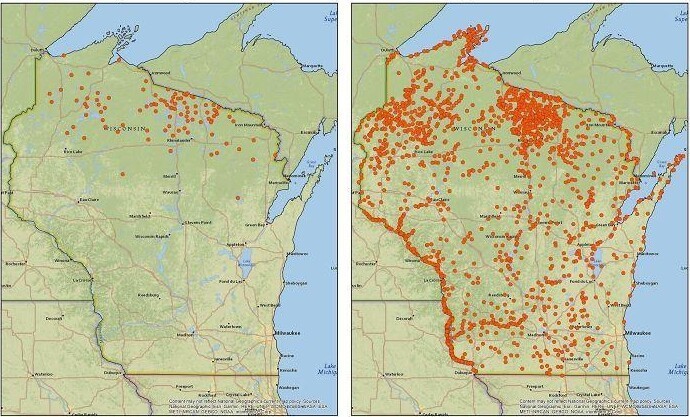3. Гнёзда белоголовых орланов в 1974 и 2019 году в штате Висконсин, США. Улучшение ситуации связывают с законом о чистой воде, который регулирует загрязнение вод