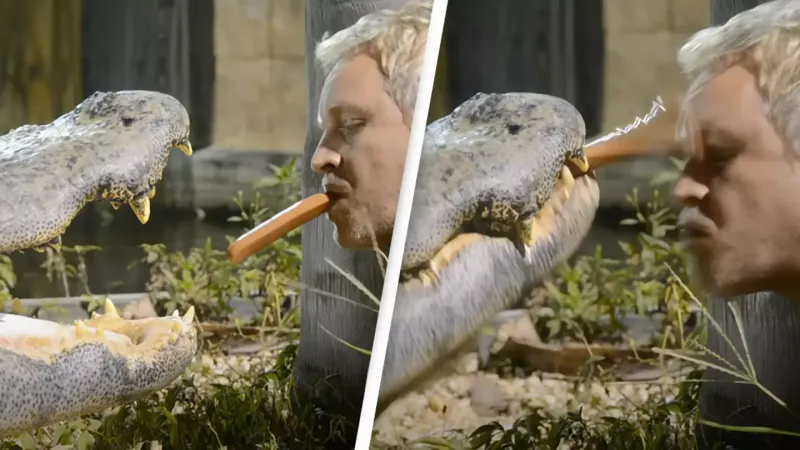 Бесстрашный мужчина кормит рептилий хот-догами изо рта с завязанными глазами