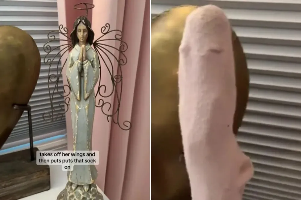 Дочка надевает носок на фигурку ангела, чем доводит маму до истерики Дочка надевает носок на фигурку ангела, чем доводит маму до истерики