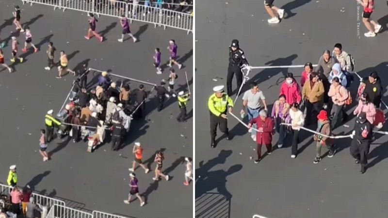 Организаторы  марафона удивили зрителей необычным способом перехода через трассу