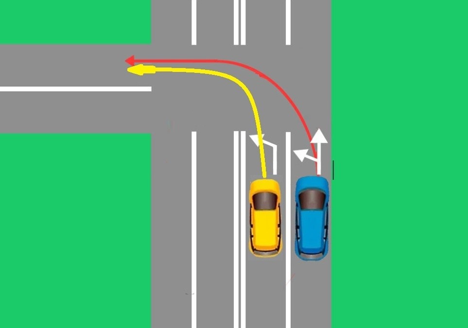 Из двух полос поворот налево в одну полосу, кто обязан уступить дорогу, а кто имеет право проехать первым. Реальная судебная практика