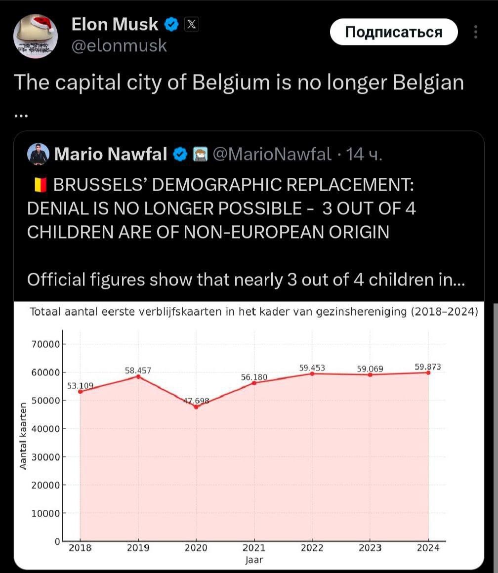 «Столица Бельгии больше не является бельгийской…» — Так Илон Маск прокомментировал публикацию о том, что в Бельгии трое из четырёх детей имеют неевропейское происхождение