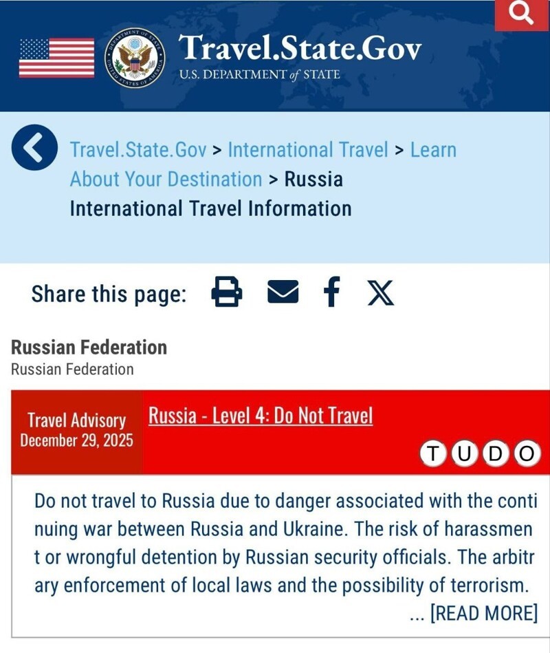 США посоветовали своим гражданам немедленно покинуть Россию и возобновили свое предупреждение "Не путешествуйте" в отношении России, — сообщает Fox News со ссылкой на рекомендацию Государственного департамента США