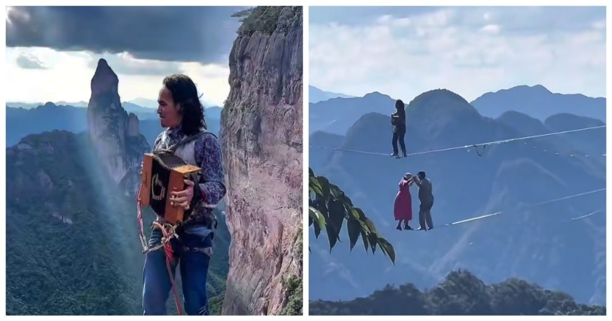 Экстремал музицирует в сотнях метров над землей