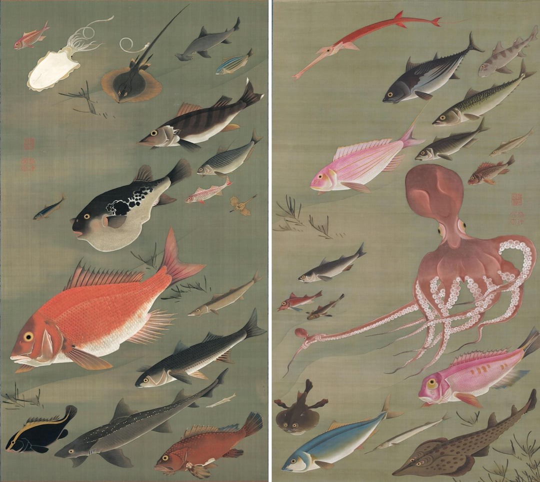 13. «Рыбы и осьминог (из серии «Цветное царство живых существ»)», созданная японским художником Ито Дзякутю в 1765-1766 годах н.э. В настоящее время хранится в Музее Императорских коллекций в Токио