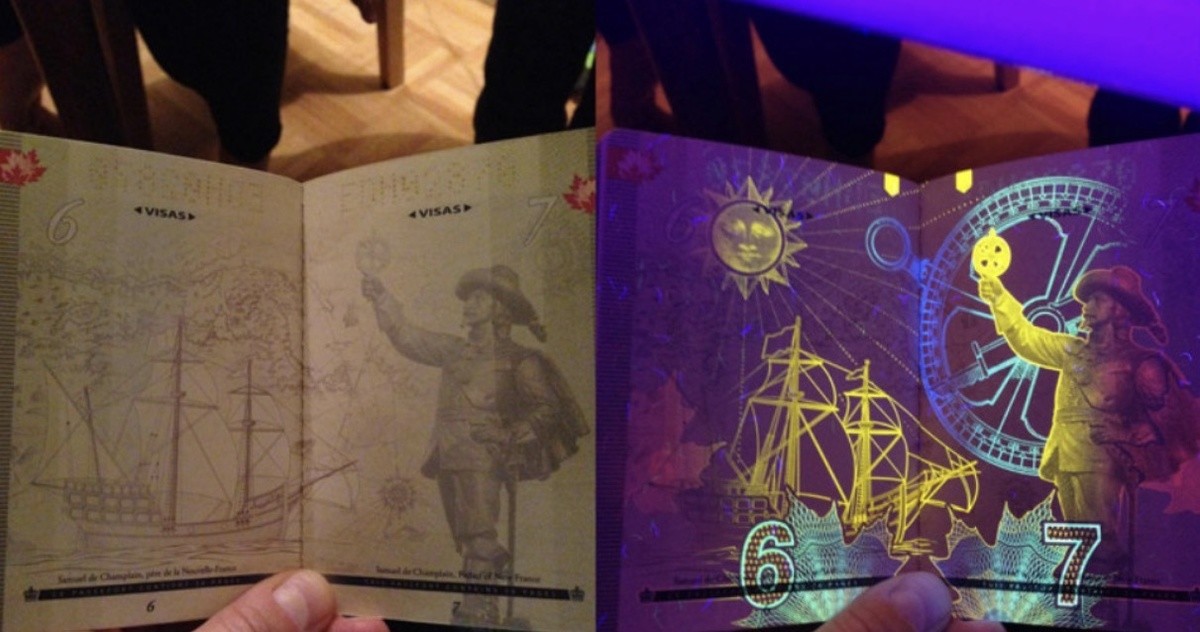 Что будет, если на канадский паспорт посветить ультрафиолетовой лампой