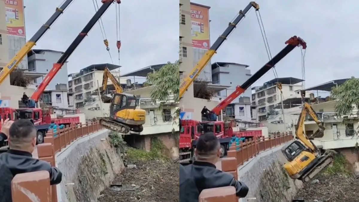 Не самая удачная установка экскаватора с помощью крана