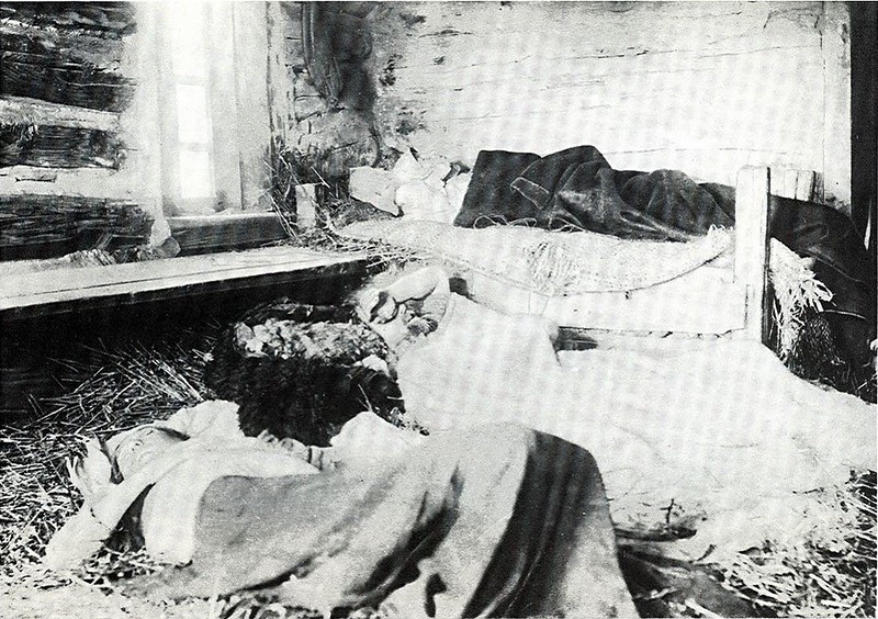 Семья крестьянина Мисанова, больная тифом. Село Протасово Лукояновского уезда. Нижегородская губерния, 1891—1892 годы.